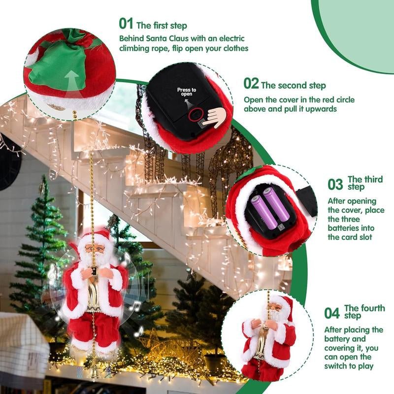 2025 Electric Climbing Santa Christmas Ornament on Rope, with Light Music and Sound Animation Climbing Beads Music Moving, Ladder for Indoor and Outdoor Hanging, Characters Christmas Decorations for Home Gift, Climbing up and down Battery Powered Toys