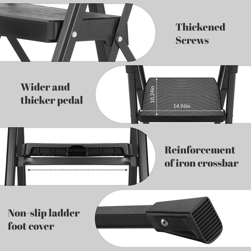 Xinsunho 3 Step Ladder, Foldable Handrail & Tool Tray Stool Ladders with Anti-Slip Wide Pedal, 660 Lbs Sturdy Steel Ladder for Home Kitchen and Outdoor
