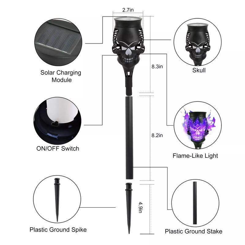 Halloween Spooky Skulls Solar Torches 4 Pack Flickering Gardenlamp Ecofriendly Decorative Lights for Lawn & Pathway