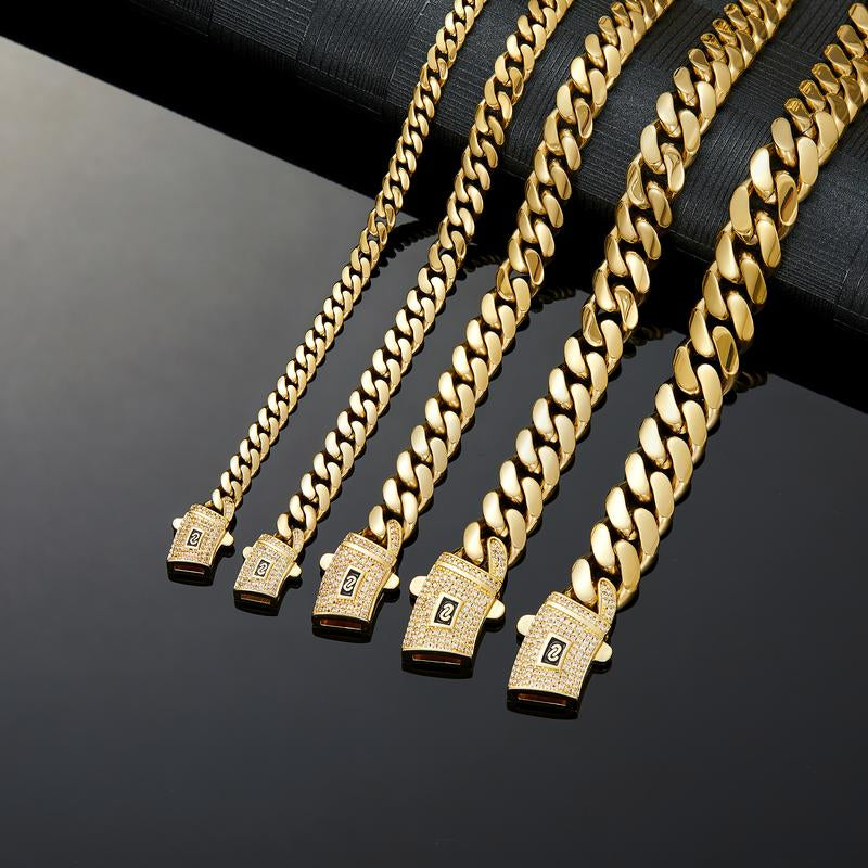 [New Upgraded]14K Gold-Plated Cuban Necklace.The New Plated Craftsmanship and Classic White Stone Inlay Design Are Dazzling.Miami Cuban Necklace Combines Tradition and Fashion.The Best Gift for Him/Her.6Mm/8Mm/10Mm/12Mm/14Mm Are Available.
