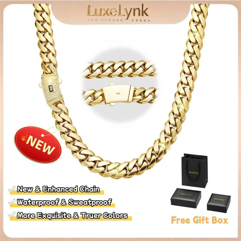 [New Upgraded]14K Gold-Plated Cuban Necklace.The New Plated Craftsmanship and Classic White Stone Inlay Design Are Dazzling.Miami Cuban Necklace Combines Tradition and Fashion.The Best Gift for Him/Her.6Mm/8Mm/10Mm/12Mm/14Mm Are Available.