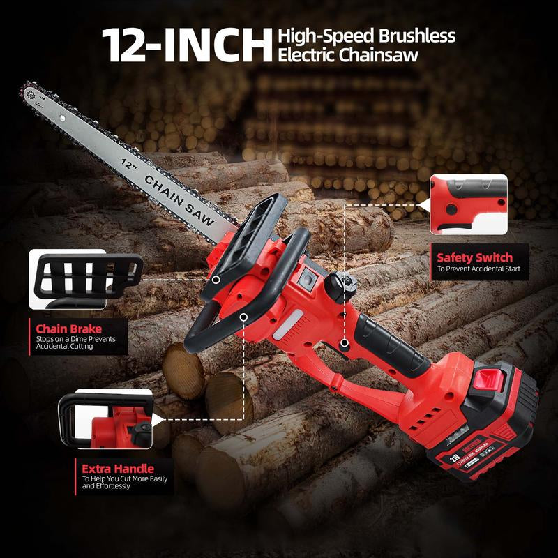 Holyever Cordless High Speed Brushless 12" Chain Saw with Two 21V Batteries,For Makita , Automatic Lubrication, Great for Logging, Crafts, Home, Gifts