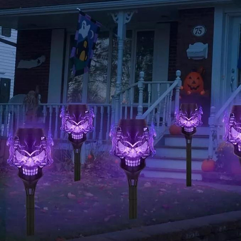 Halloween Spooky Skulls Solar Torches 4 Pack Flickering Gardenlamp Ecofriendly Decorative Lights for Lawn & Pathway