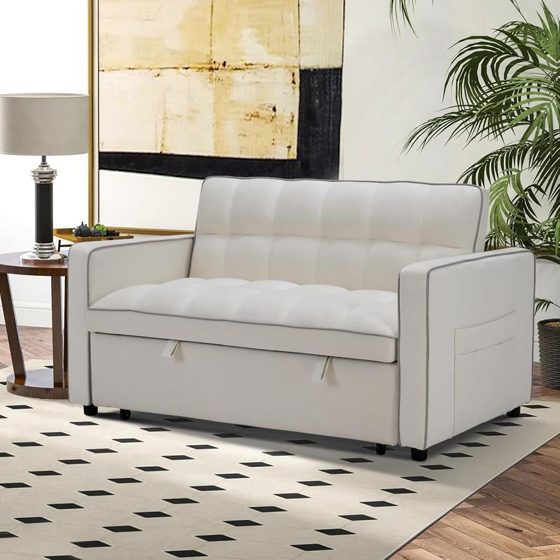 [Restock]Ebello Velvet Convertible Pull Out Sofa Bed, 3-In-1 Loveseat Sleeper with Adjustable Backrest, Modern Futon Couch with 2 Pockets, Small Love Seat Sofas for Living Room, Bedroom, Apartment, off White