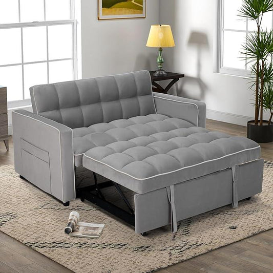 [Restock]Ebello Velvet Convertible Pull Out Sofa Bed, 3-In-1 Loveseat Sleeper with Adjustable Backrest, Modern Futon Couch with 2 Pockets, Small Love Seat Sofas for Living Room, Bedroom, Apartment, off White