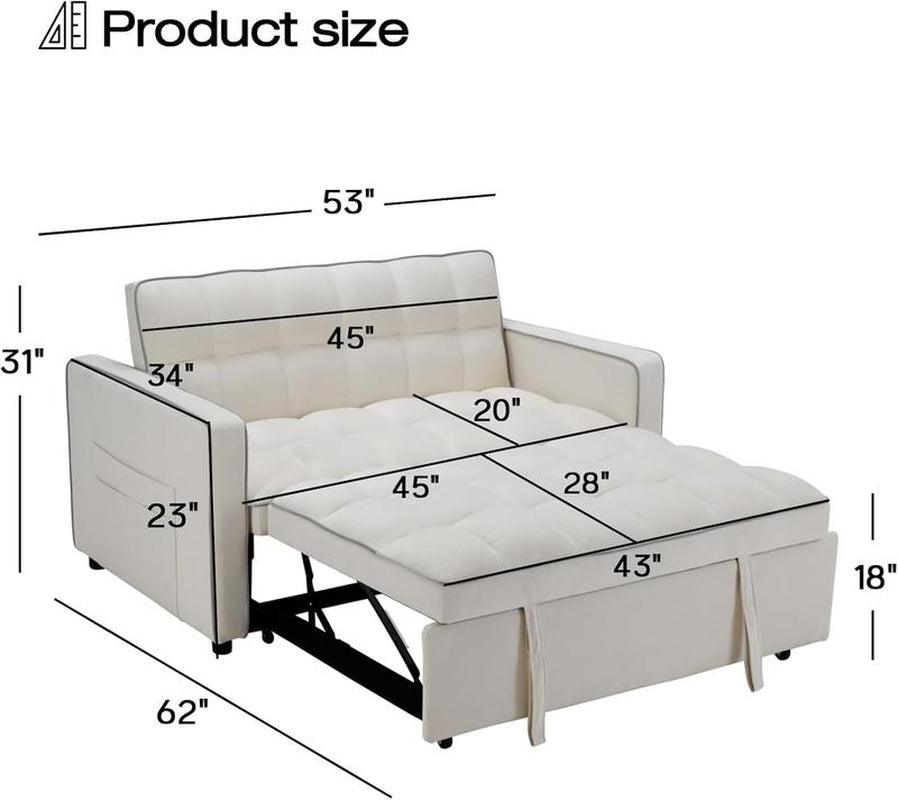 [Restock]Ebello Velvet Convertible Pull Out Sofa Bed, 3-In-1 Loveseat Sleeper with Adjustable Backrest, Modern Futon Couch with 2 Pockets, Small Love Seat Sofas for Living Room, Bedroom, Apartment, off White