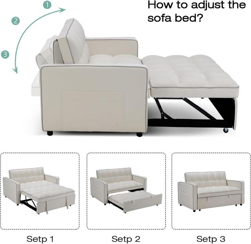 [Restock]Ebello Velvet Convertible Pull Out Sofa Bed, 3-In-1 Loveseat Sleeper with Adjustable Backrest, Modern Futon Couch with 2 Pockets, Small Love Seat Sofas for Living Room, Bedroom, Apartment, off White