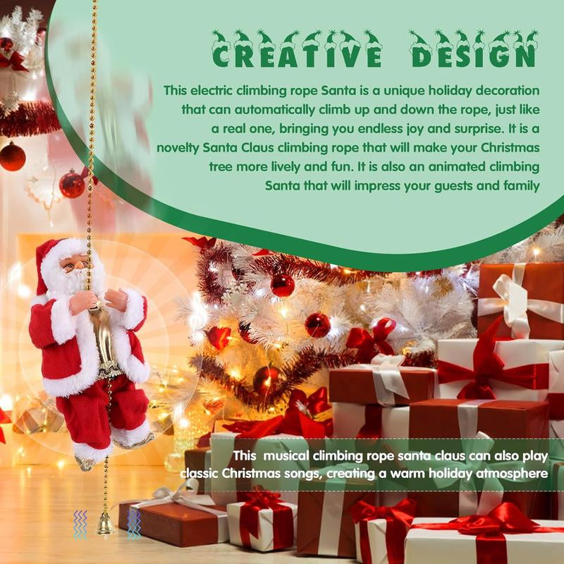 2025 Electric Climbing Santa Christmas Ornament on Rope, with Light Music and Sound Animation Climbing Beads Music Moving, Ladder for Indoor and Outdoor Hanging, Characters Christmas Decorations for Home Gift, Climbing up and down Battery Powered Toys