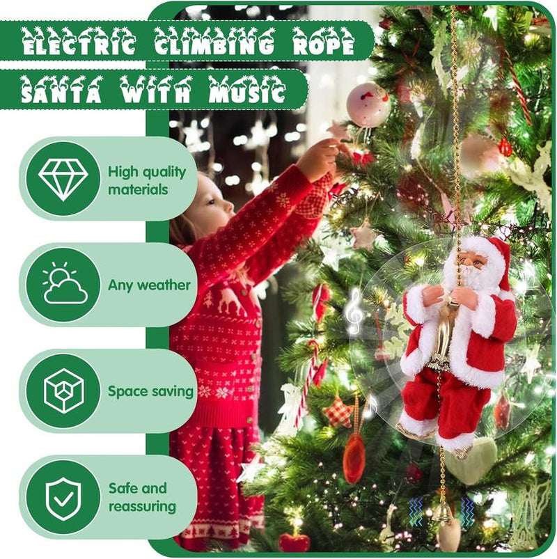 2025 Electric Climbing Santa Christmas Ornament on Rope, with Light Music and Sound Animation Climbing Beads Music Moving, Ladder for Indoor and Outdoor Hanging, Characters Christmas Decorations for Home Gift, Climbing up and down Battery Powered Toys