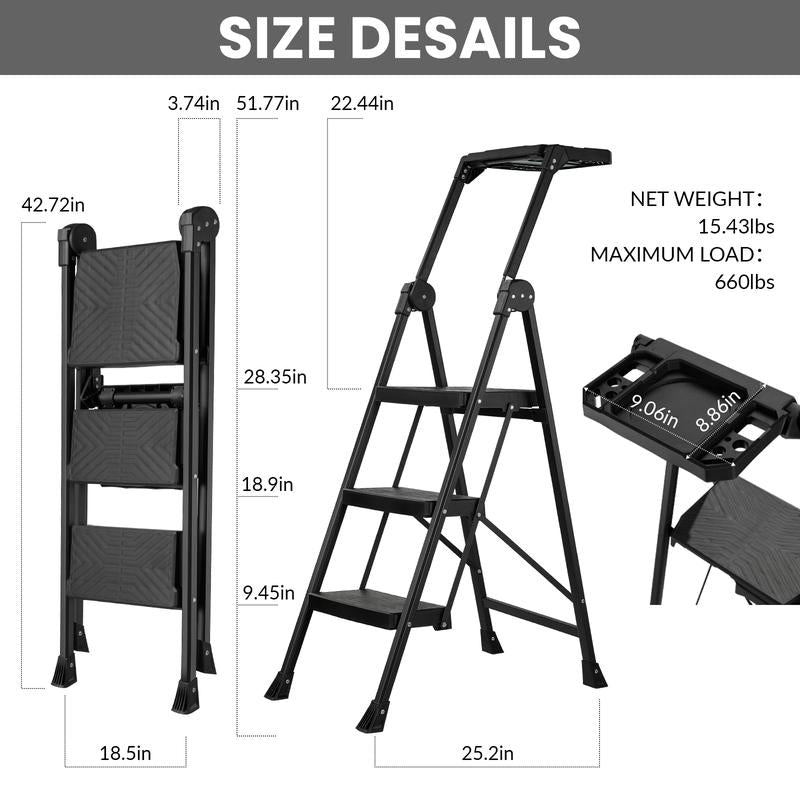 Xinsunho 3 Step Ladder, Foldable Handrail & Tool Tray Stool Ladders with Anti-Slip Wide Pedal, 660 Lbs Sturdy Steel Ladder for Home Kitchen and Outdoor