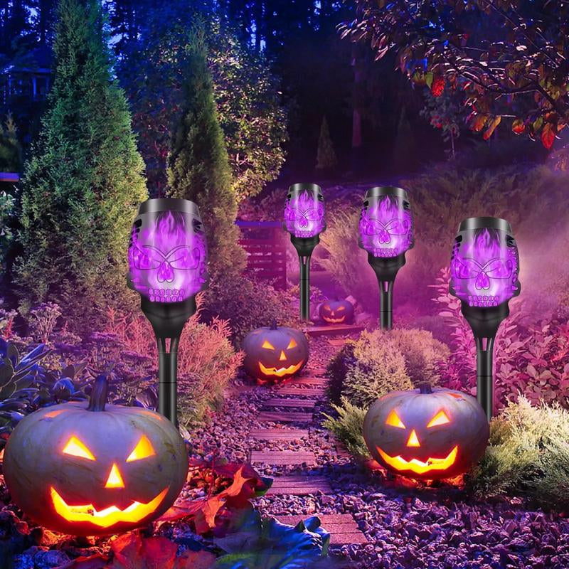 Halloween Spooky Skulls Solar Torches 4 Pack Flickering Gardenlamp Ecofriendly Decorative Lights for Lawn & Pathway