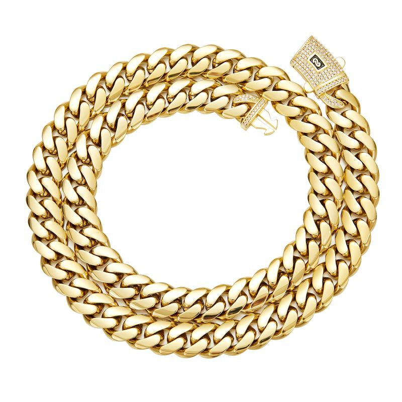 [New Upgraded]14K Gold-Plated Cuban Necklace.The New Plated Craftsmanship and Classic White Stone Inlay Design Are Dazzling.Miami Cuban Necklace Combines Tradition and Fashion.The Best Gift for Him/Her.6Mm/8Mm/10Mm/12Mm/14Mm Are Available.