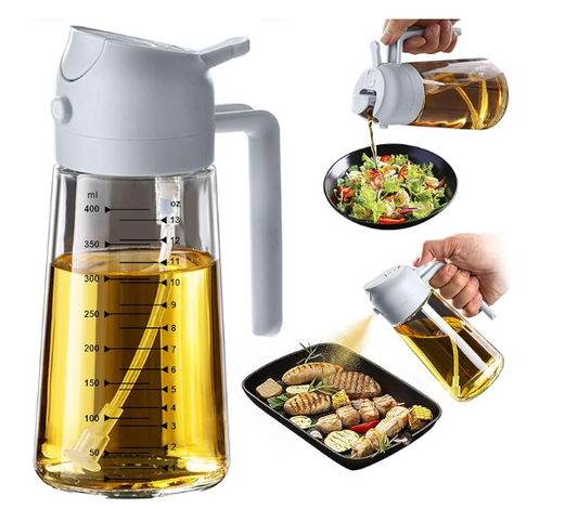 TrendPlain 16oz/470ml Glass Olive Oil Sprayer for Cooking – 2 in 1 Olive Oil Dispenser Bottle for Kitchen Gadgets and Air Fryer Accessories, Salad, BBQ - Ash