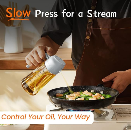 TrendPlain 16oz/470ml Glass Olive Oil Sprayer for Cooking – 2 in 1 Olive Oil Dispenser Bottle for Kitchen Gadgets and Air Fryer Accessories, Salad, BBQ - Ash