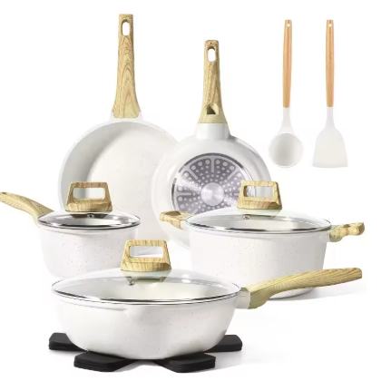 Pots and Pans Set Non Stick - 14 Pcs White Granite Kitchen Cookware Sets Nonstick Induction Cookware Cooking Pan Set with F