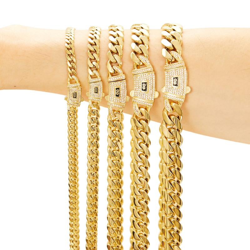 [New Upgraded]14K Gold-Plated Cuban Necklace.The New Plated Craftsmanship and Classic White Stone Inlay Design Are Dazzling.Miami Cuban Necklace Combines Tradition and Fashion.The Best Gift for Him/Her.6Mm/8Mm/10Mm/12Mm/14Mm Are Available.
