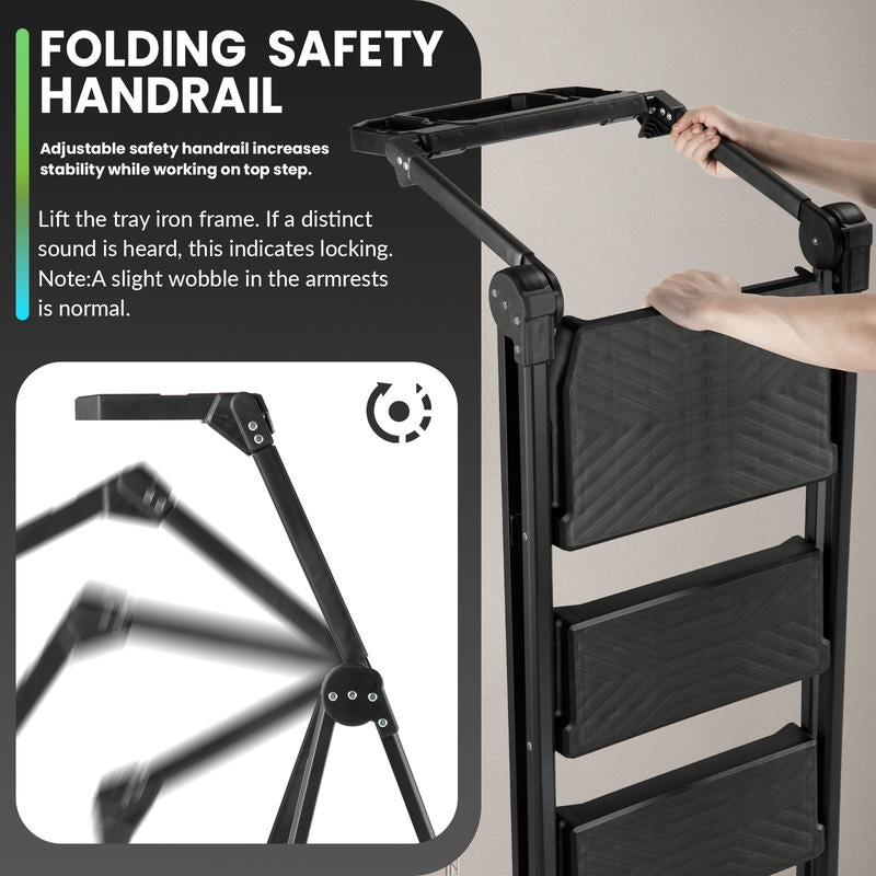 Xinsunho 3 Step Ladder, Foldable Handrail & Tool Tray Stool Ladders with Anti-Slip Wide Pedal, 660 Lbs Sturdy Steel Ladder for Home Kitchen and Outdoor