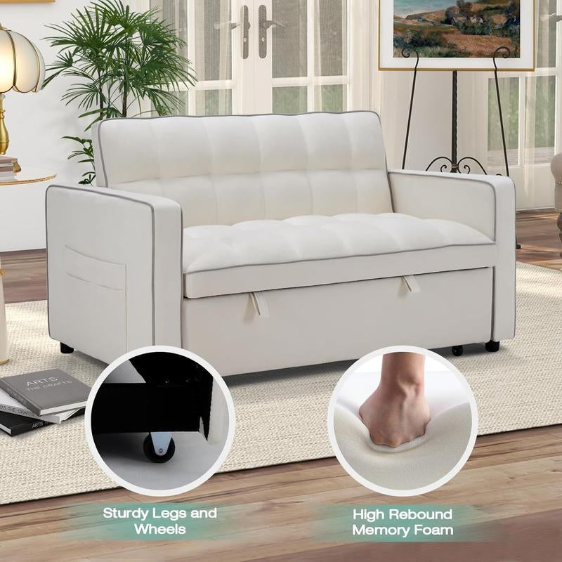 [Restock]Ebello Velvet Convertible Pull Out Sofa Bed, 3-In-1 Loveseat Sleeper with Adjustable Backrest, Modern Futon Couch with 2 Pockets, Small Love Seat Sofas for Living Room, Bedroom, Apartment, off White
