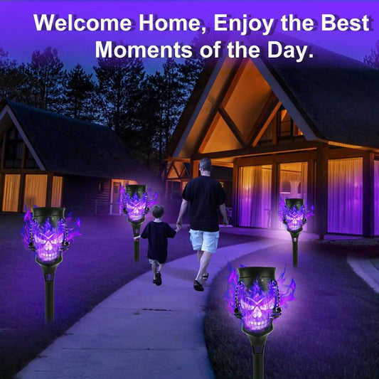 Halloween Spooky Skulls Solar Torches 4 Pack Flickering Gardenlamp Ecofriendly Decorative Lights for Lawn & Pathway