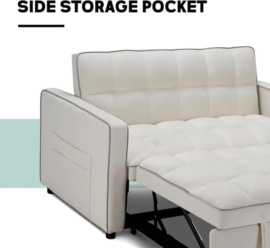 [Restock]Ebello Velvet Convertible Pull Out Sofa Bed, 3-In-1 Loveseat Sleeper with Adjustable Backrest, Modern Futon Couch with 2 Pockets, Small Love Seat Sofas for Living Room, Bedroom, Apartment, off White