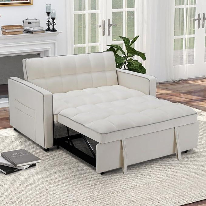 [Restock]Ebello Velvet Convertible Pull Out Sofa Bed, 3-In-1 Loveseat Sleeper with Adjustable Backrest, Modern Futon Couch with 2 Pockets, Small Love Seat Sofas for Living Room, Bedroom, Apartment, off White