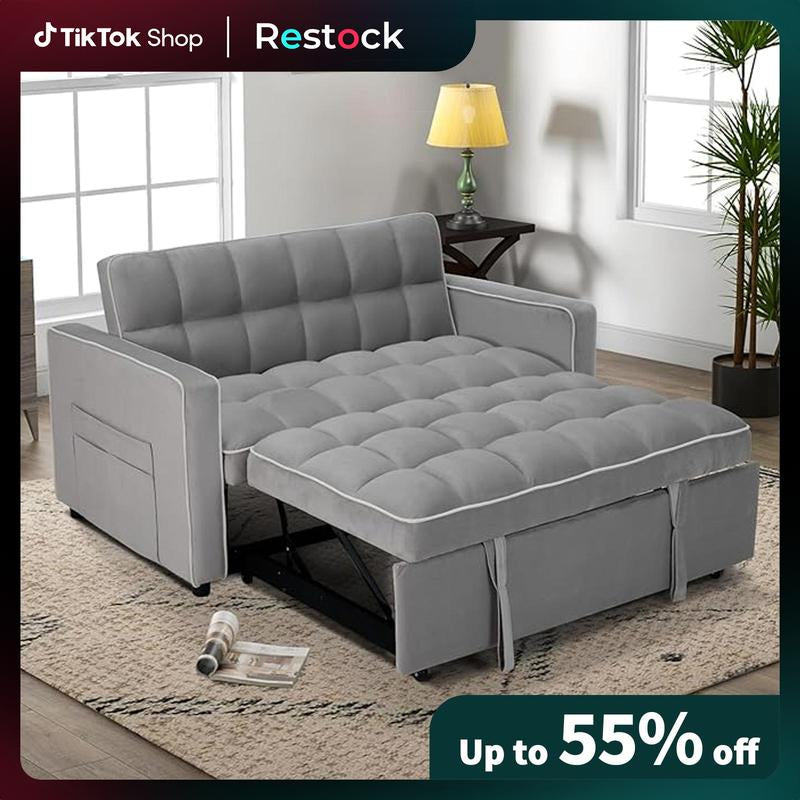 [Restock]Ebello Velvet Convertible Pull Out Sofa Bed, 3-In-1 Loveseat Sleeper with Adjustable Backrest, Modern Futon Couch with 2 Pockets, Small Love Seat Sofas for Living Room, Bedroom, Apartment, off White